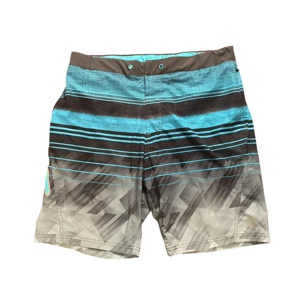 ZeroXposur Mens Swim Trunks Teal Black Grey Striped Board Shorts Size Medium